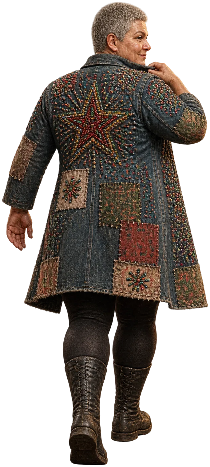 Big Maude Pruitt dari belakang, jaket denim bermanik dengan bintang besar di punggung, berjalan pelan ke ring